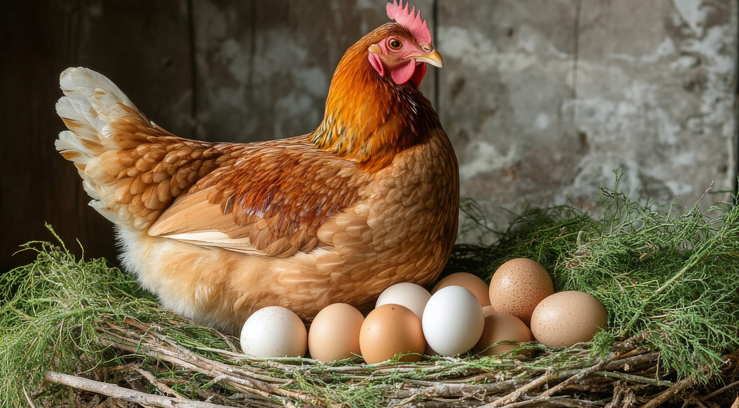 A hen sits proudly in her nest surrounded by fresh eggs in a rustic barn setting