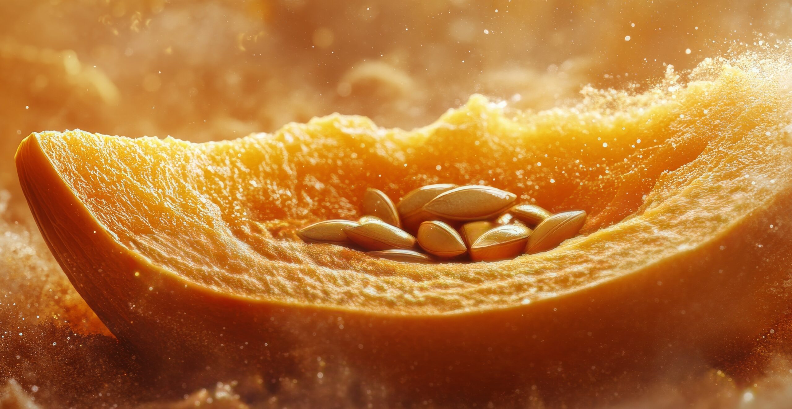 Bright orange slice of melon resting among soft golden textures during warm lighting