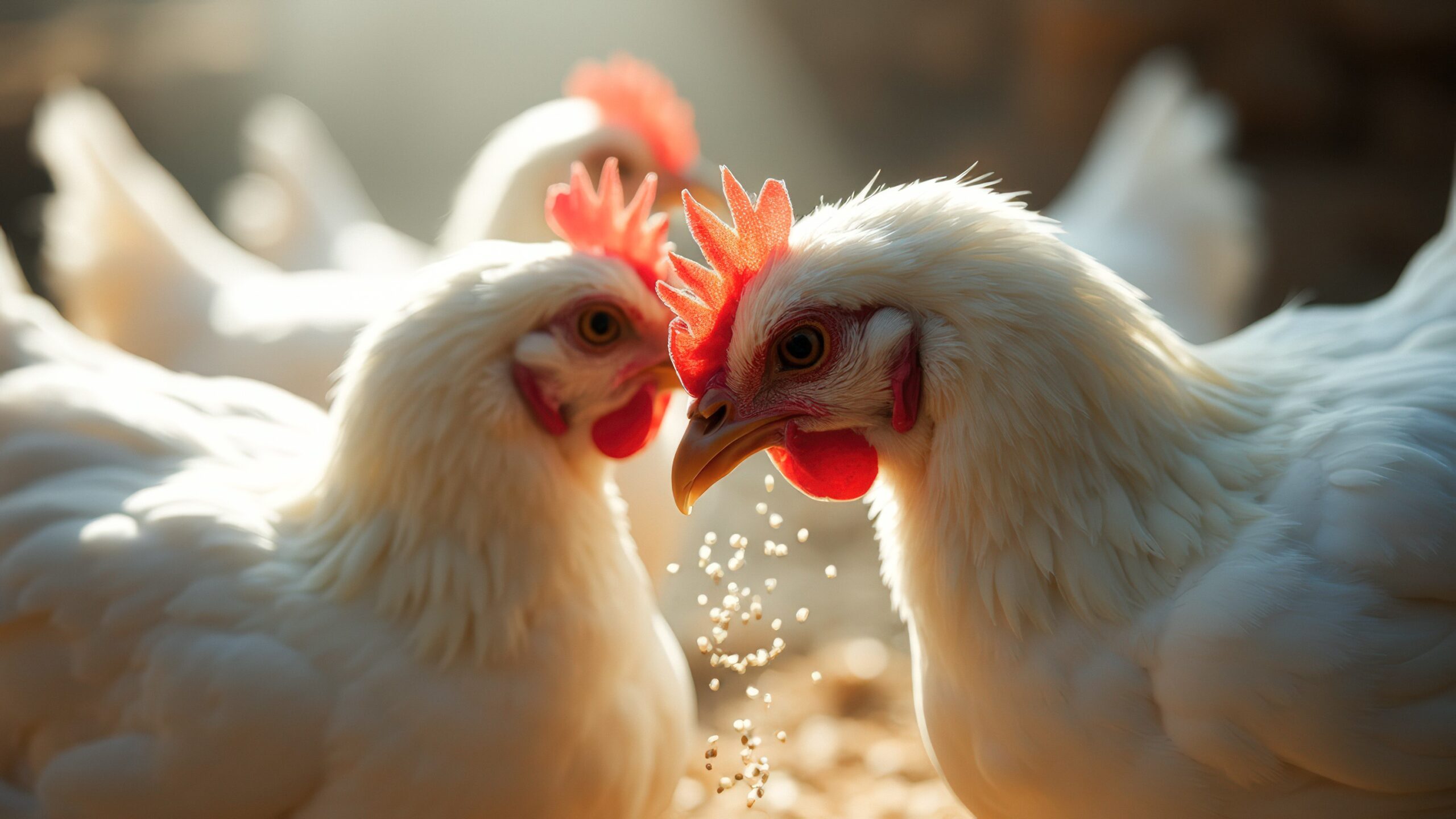 A close-up shot of a white chicken in a coop with other chickens in the background. The chicken is looking at the camera with its beak open, suggesting that it is about to eat. The image is taken in natural lighting, and the chicken's feathers are soft and white.