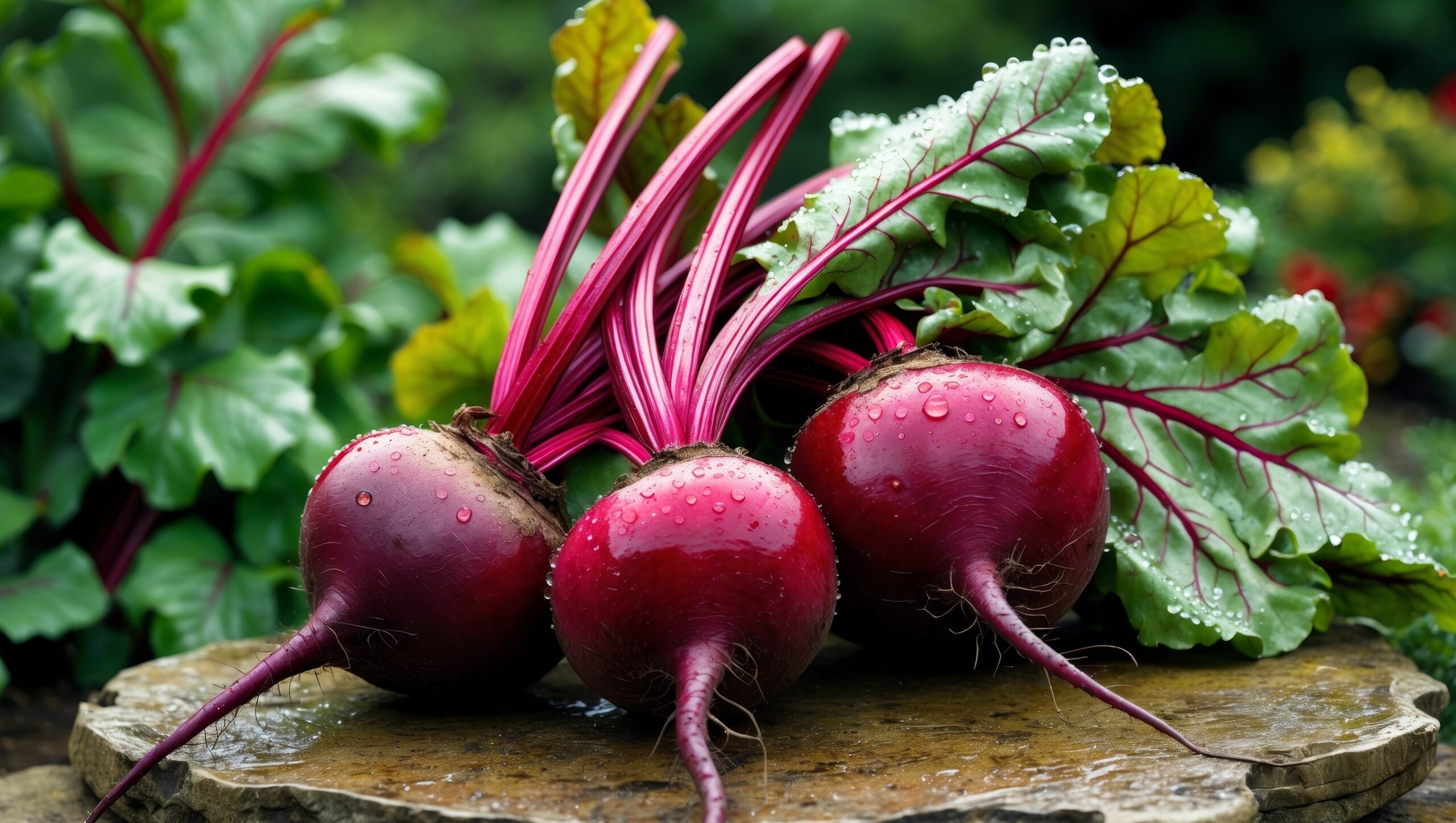 AI Generated. Fresh beets with dew drops on stone slab in garden vibrant colors and natural beauty