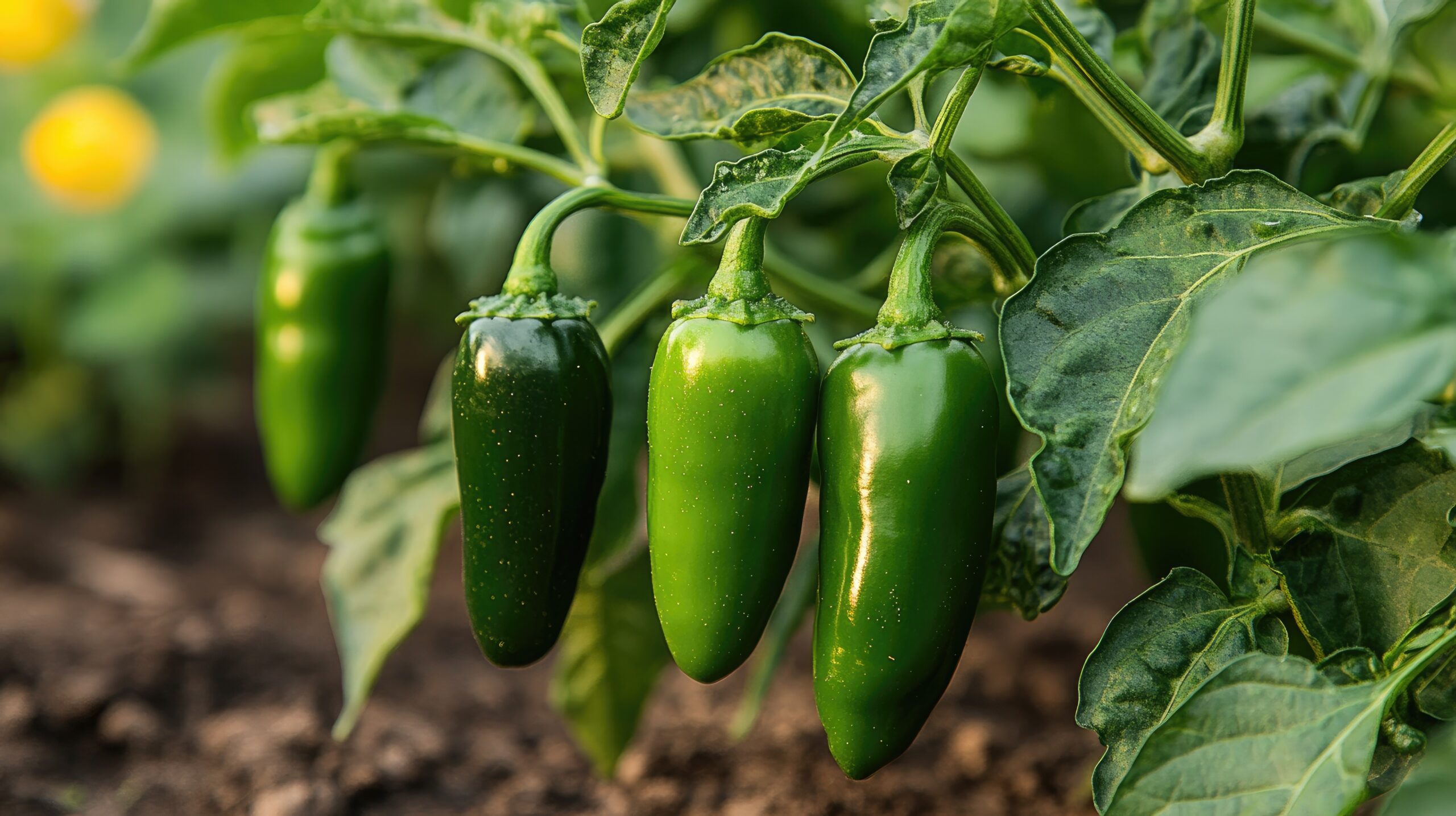 Green bell peppers growing on a plant outside